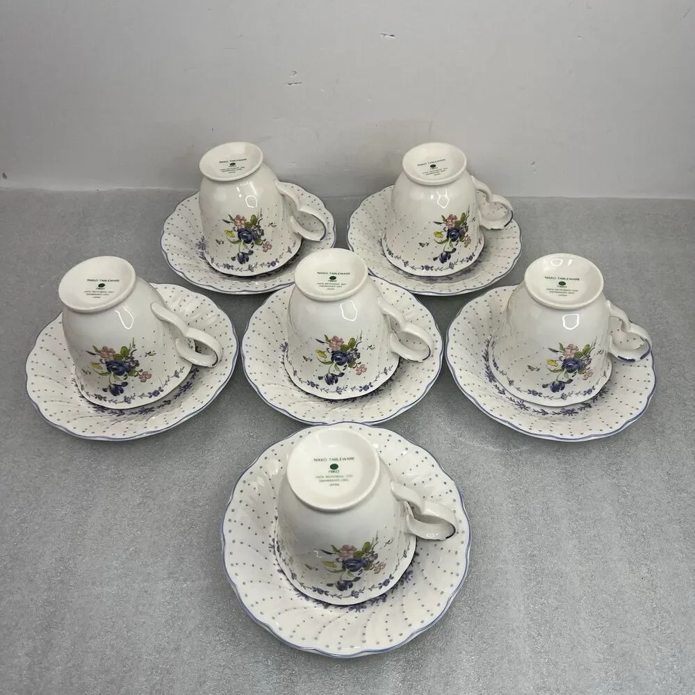 Vtg Nikko Blue Peony Tea Cup & Saucer 6 Sets Blue Floral Dot Cottagecore Japan